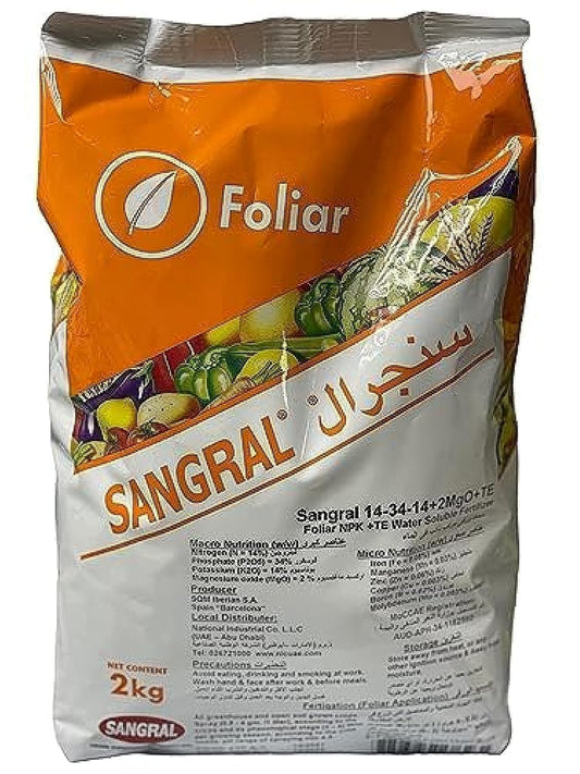 Sangral Foliar NPK In 4 - Formula 100% Water Soluble Fertilizer 2kg Garden Care (NPK 14-34-14+2MgO+TE)